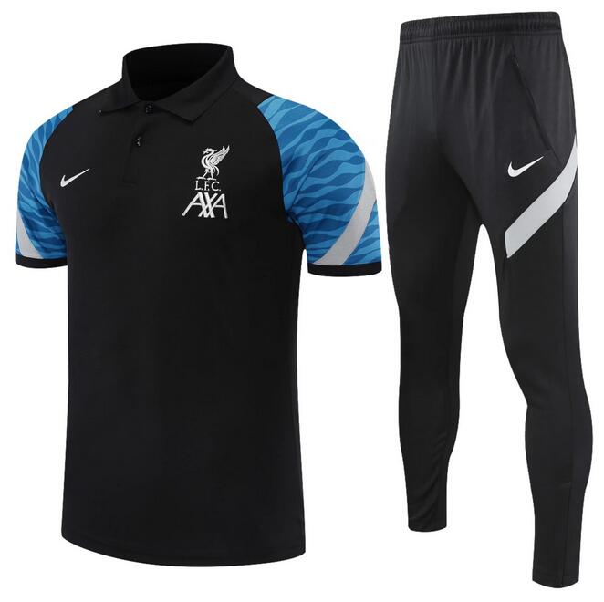 Liverpool 2021/22 Black Blue Polo Suits (Shirt+Trousers)