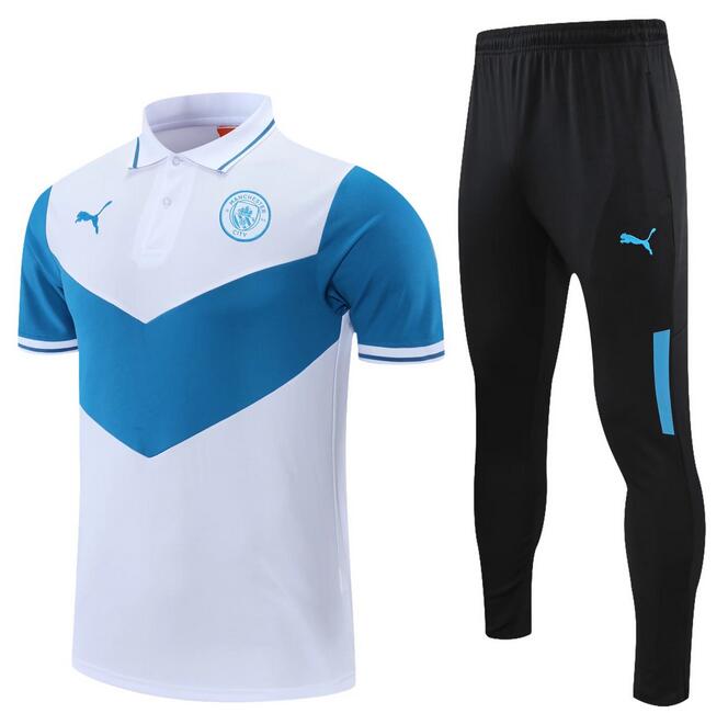 Manchester City 2021/22 White Blue Polo Suits (Shirt+Trousers)